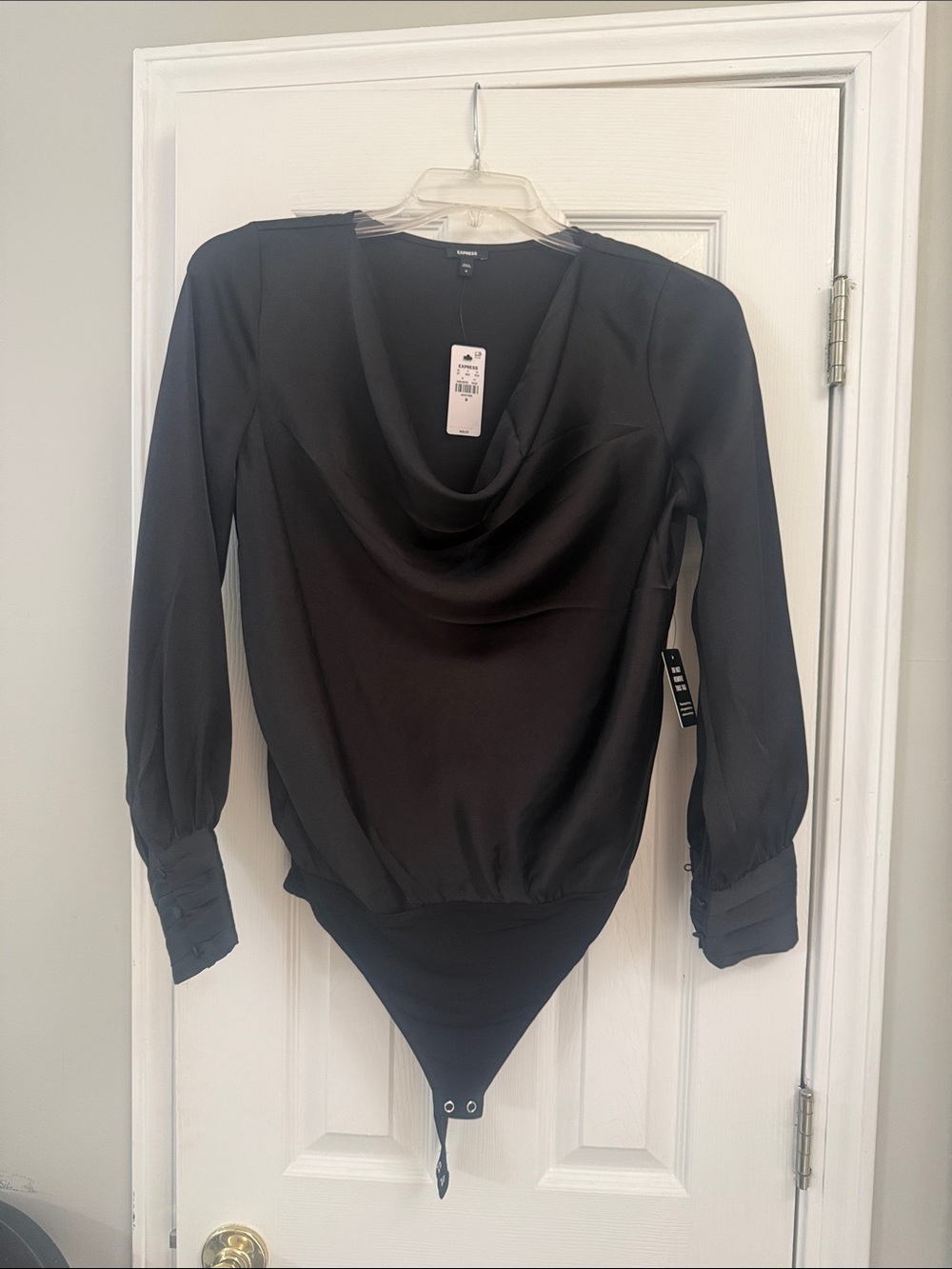 Express Black Draped Cowl Neck Long-Sleeve Bodysuit